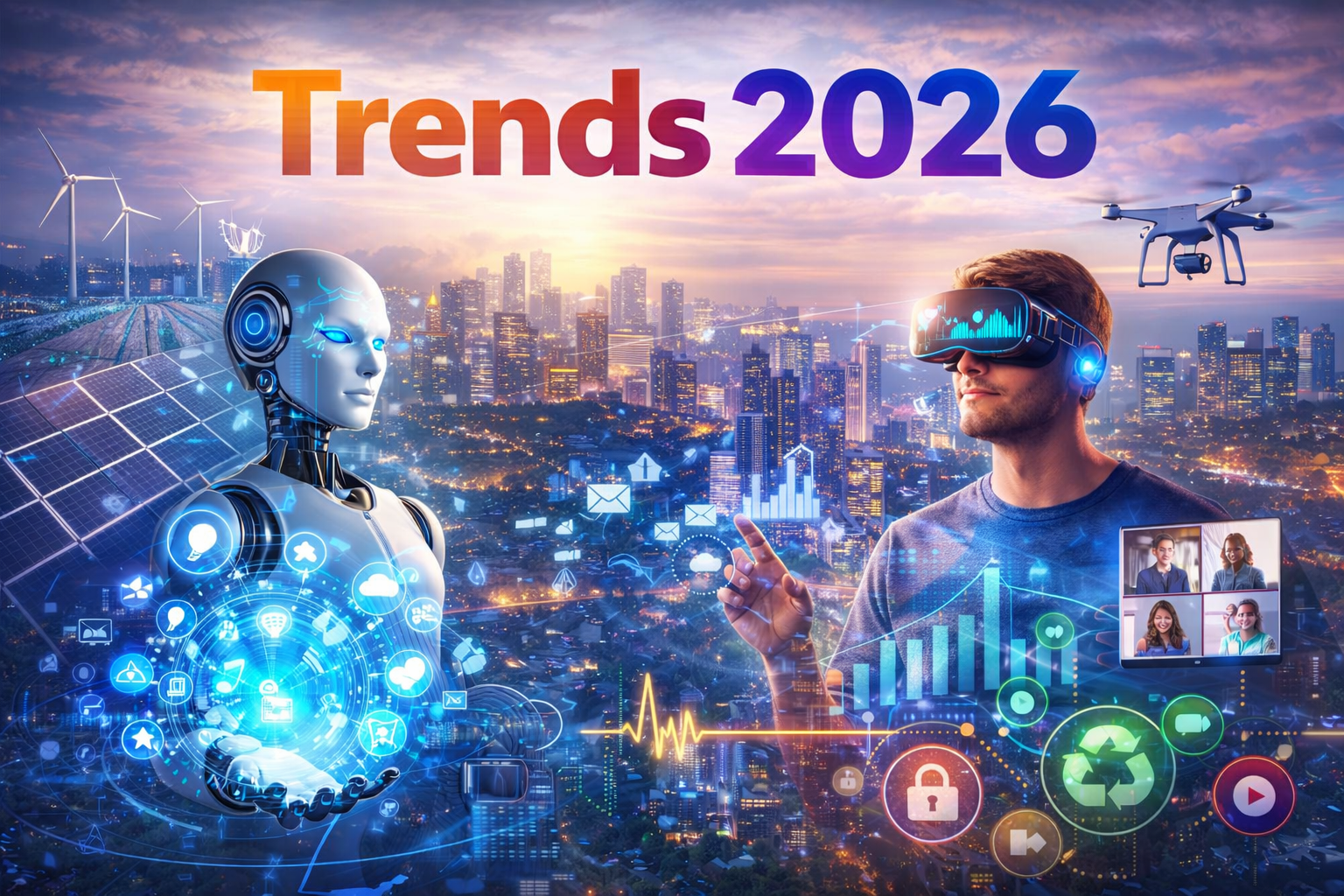 Futuristic cityscape with AI, AR, and digital innovation for Trends 2026