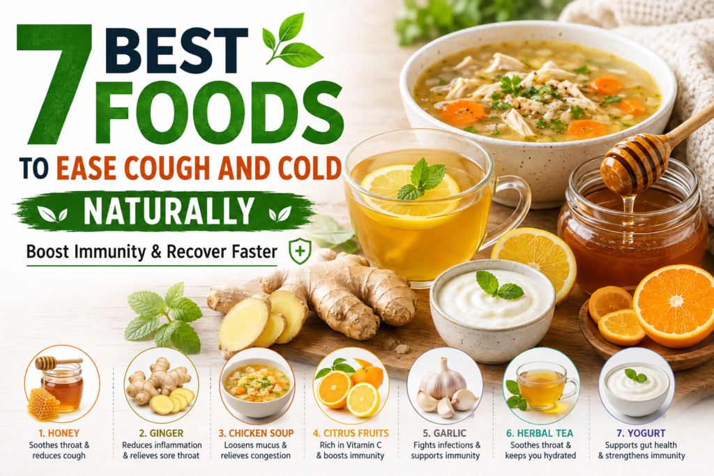 A healthy selection of honey, ginger, chicken soup, citrus fruits, garlic, herbal tea, and yogurt to naturally relieve cough and cold symptoms.
