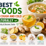 A healthy selection of honey, ginger, chicken soup, citrus fruits, garlic, herbal tea, and yogurt to naturally relieve cough and cold symptoms.