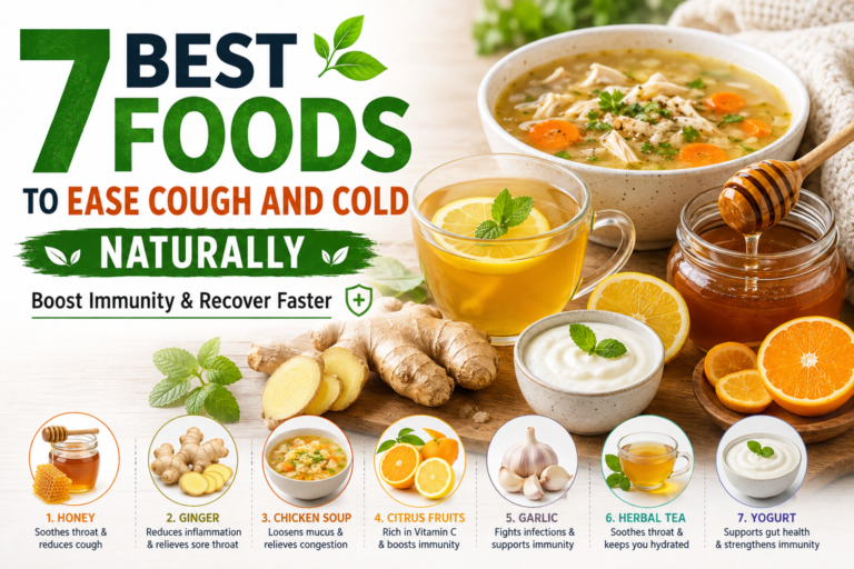 A healthy selection of honey, ginger, chicken soup, citrus fruits, garlic, herbal tea, and yogurt to naturally relieve cough and cold symptoms.